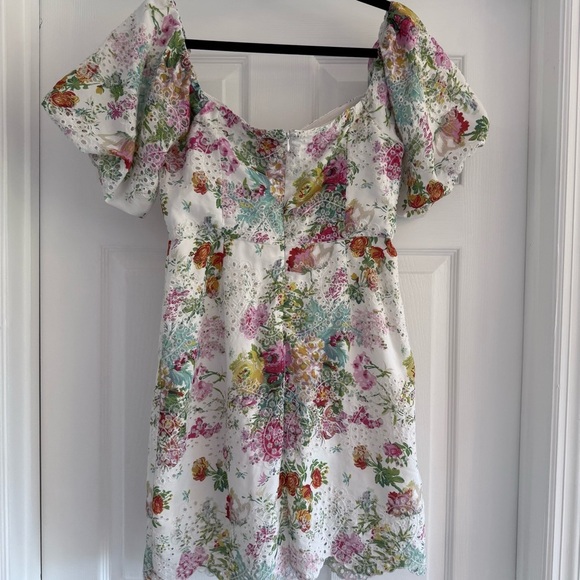 FORE White Lace Floral Print Mini Dress Puff Sleeves L - Picture 7 of 15